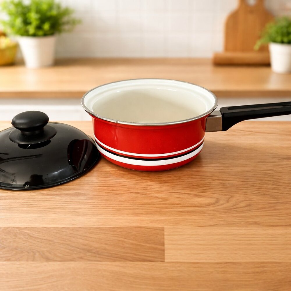 Vintage Red Enamel Saucepan w Lid | Mid Century Cookware